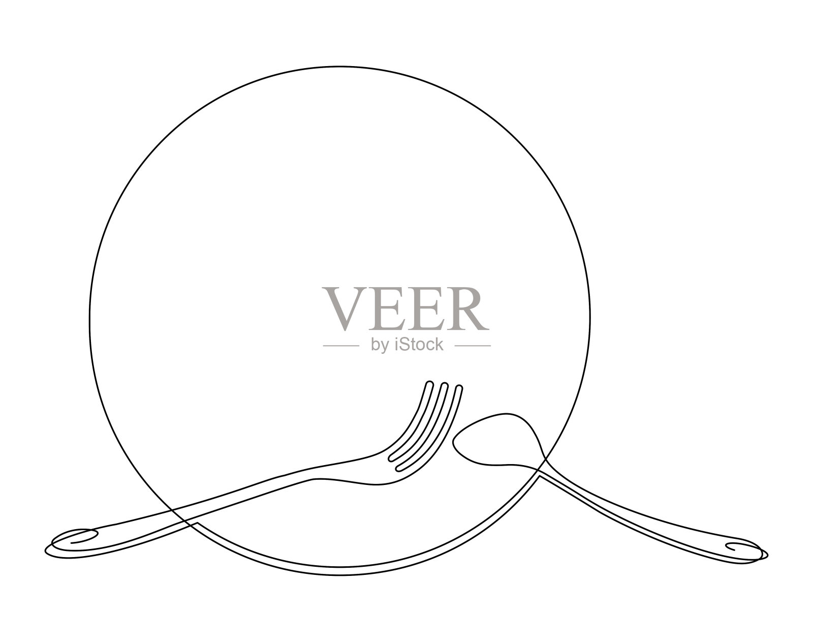 餐具桌上的勺子和叉子放在盘子上。吃饭完成签署。连续直线绘制矢量插图孤立在白色背景插画图片素材