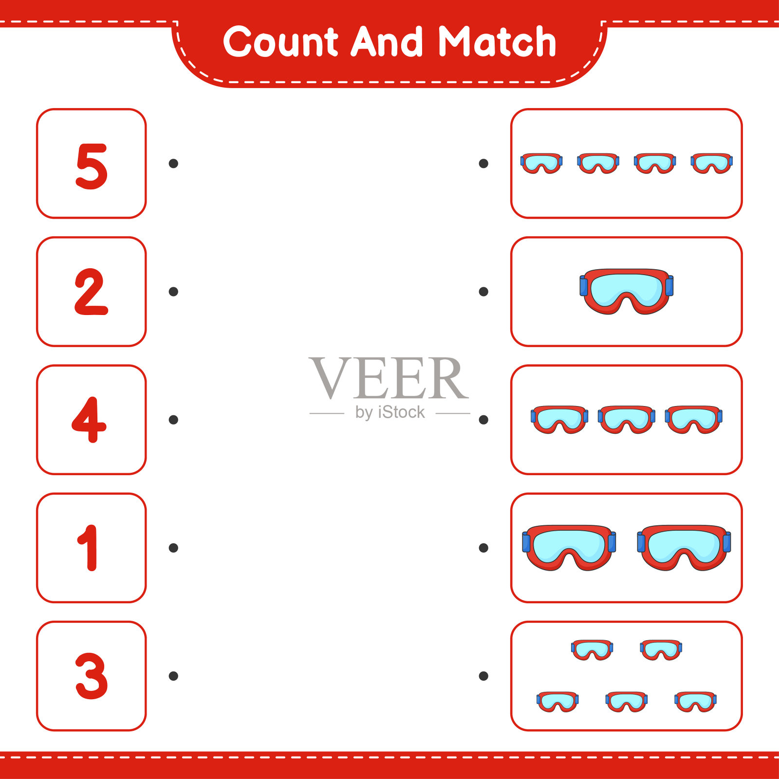 计数和匹配,计数护目镜的数量,并匹配正确的数字。教育儿童游戏,可打印的工作表,矢量插图插画图片素材