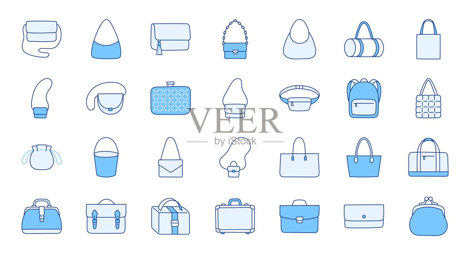 女性包插图包括图标-钱包,手提包,时装手包,商务公文包,背包,皮箱,购物者。关于服装配饰的细线艺术。蓝色,可编辑描边图标素材