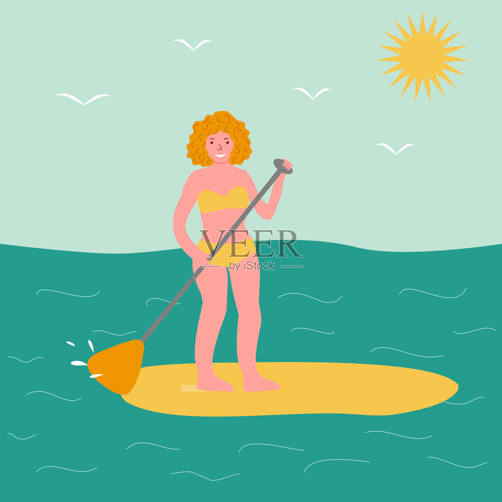 年轻微笑的女子站在桨板上,冲浪在海洋或海洋,矢量插画图片素材