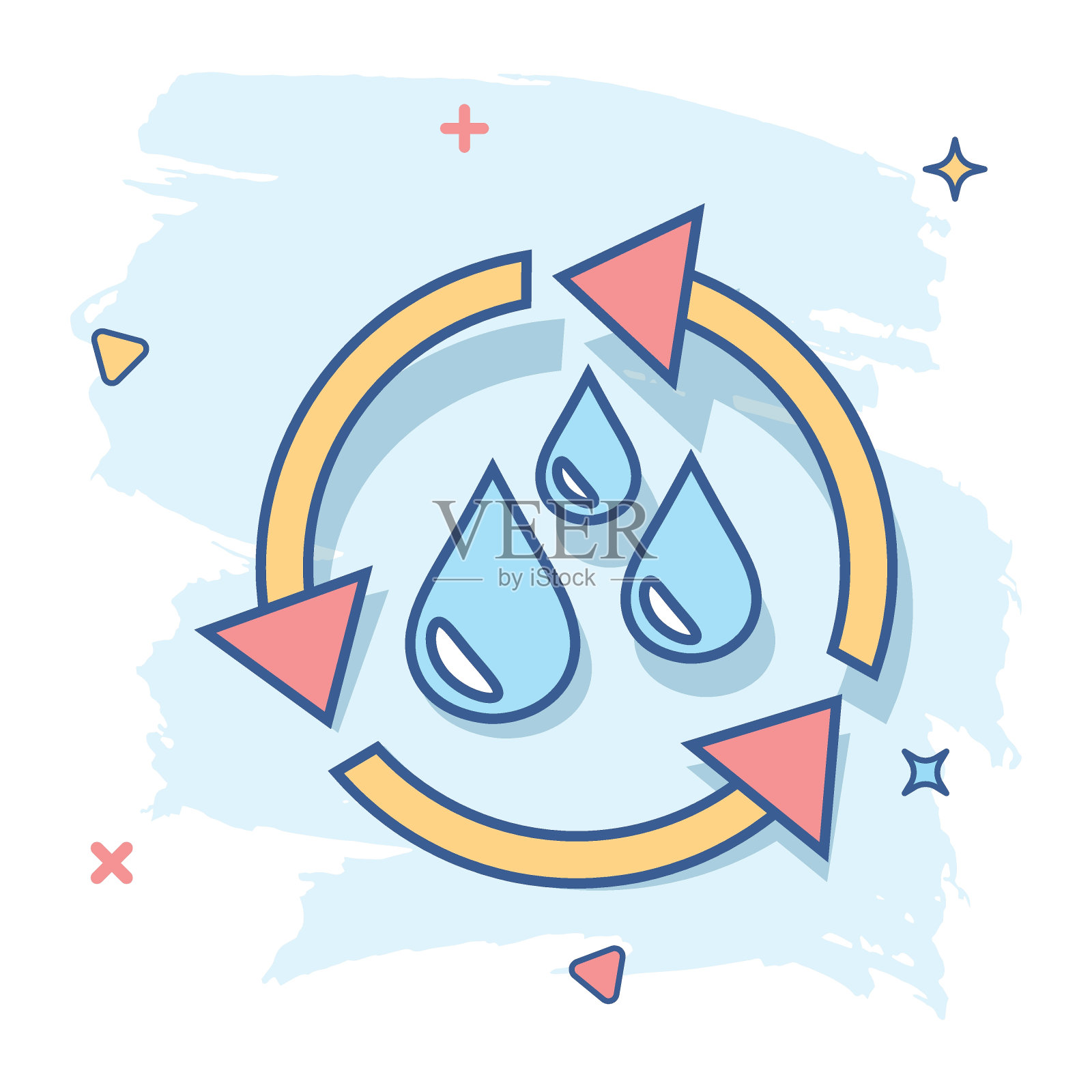 矢量卡通水循环图标在漫画风格。回收标志插图象形图。生态商业喷溅效应概念。插画图片素材