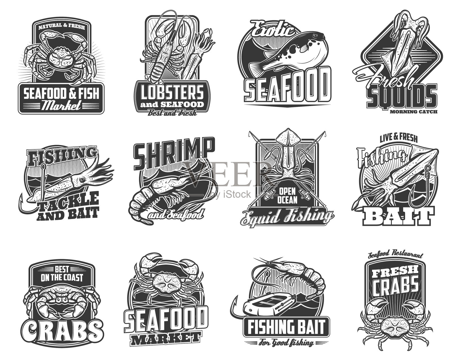 海产捕鱼和海钓图标插画图片素材