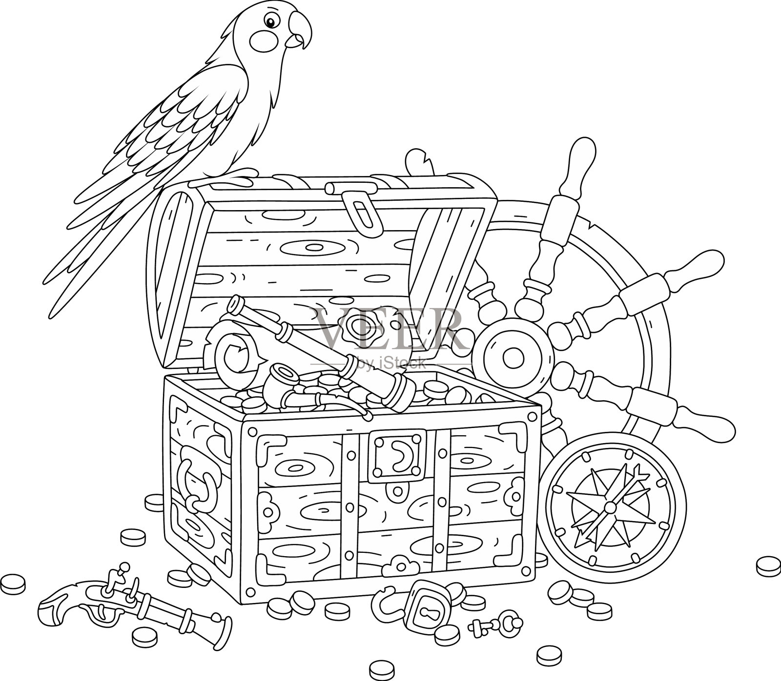 财宝箱和船舵上的海盗鹦鹉设计元素图片