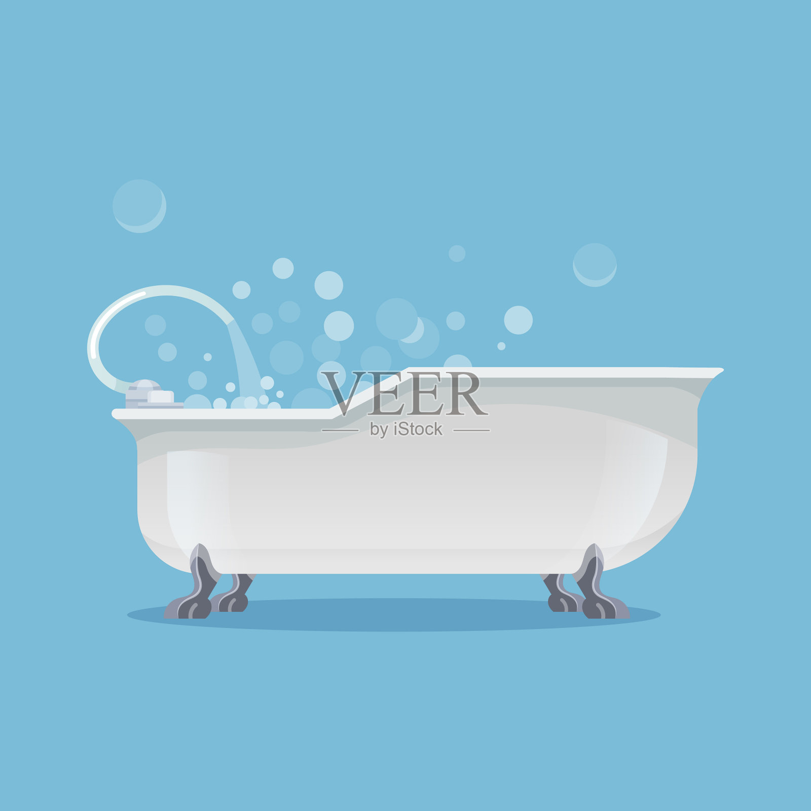 白色浴缸或浴缸充满水卡通图标插画图片素材