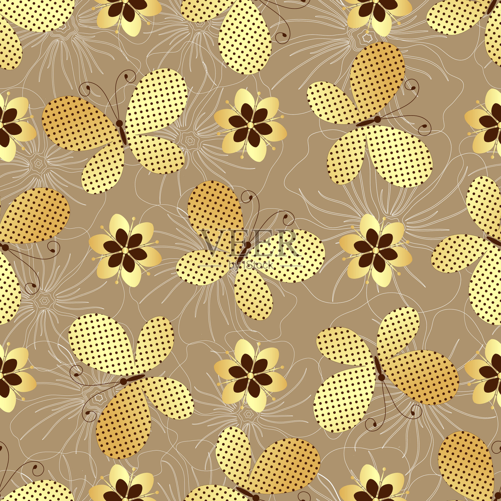 无缝春天图案与金色蝴蝶插画图片素材