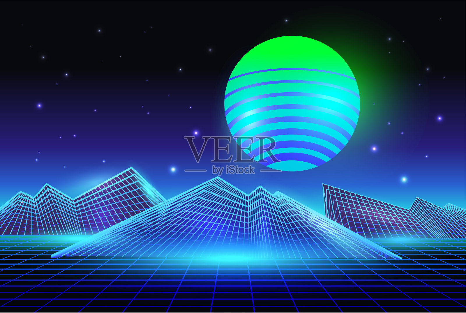 复古的未来背景80年代风格。网络世界中的数字景观。复古波音乐专辑封面模板山和激光网格上的地形。插画图片素材