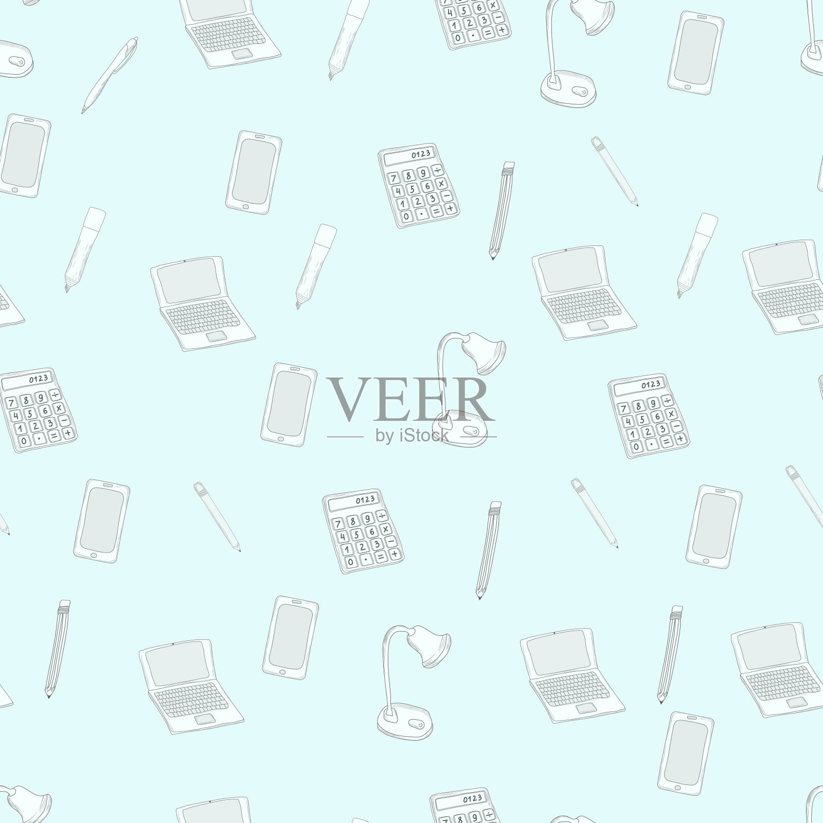 图案与笔记本电脑,灯和计算器的学校设计,学校电子属性打印背景。向量隔离在蓝色背景上插画图片素材