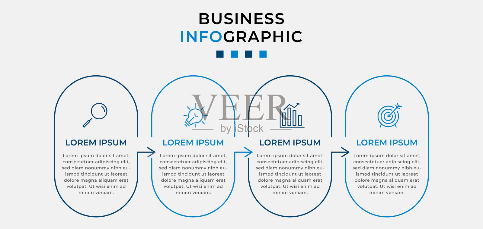 矢量信息图设计业务模板与图标和4个选项或步骤。可用于流程图、演示文稿、工作流布局、横幅、流程图、信息图插画图片素材