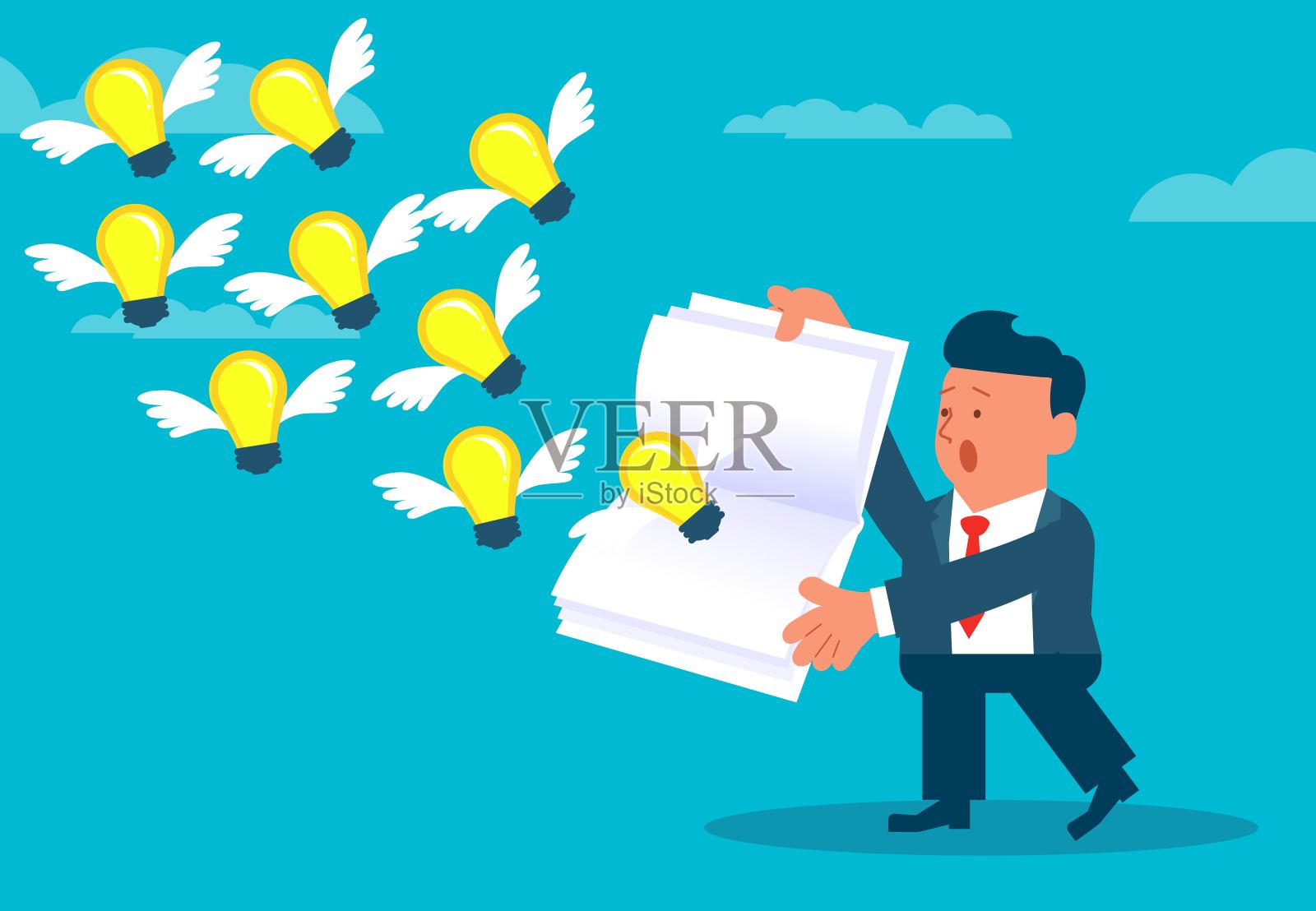 商人打开书本,发光的灯泡飞出书本,失去了创意和想法,创意思维和想法贫乏插画图片素材