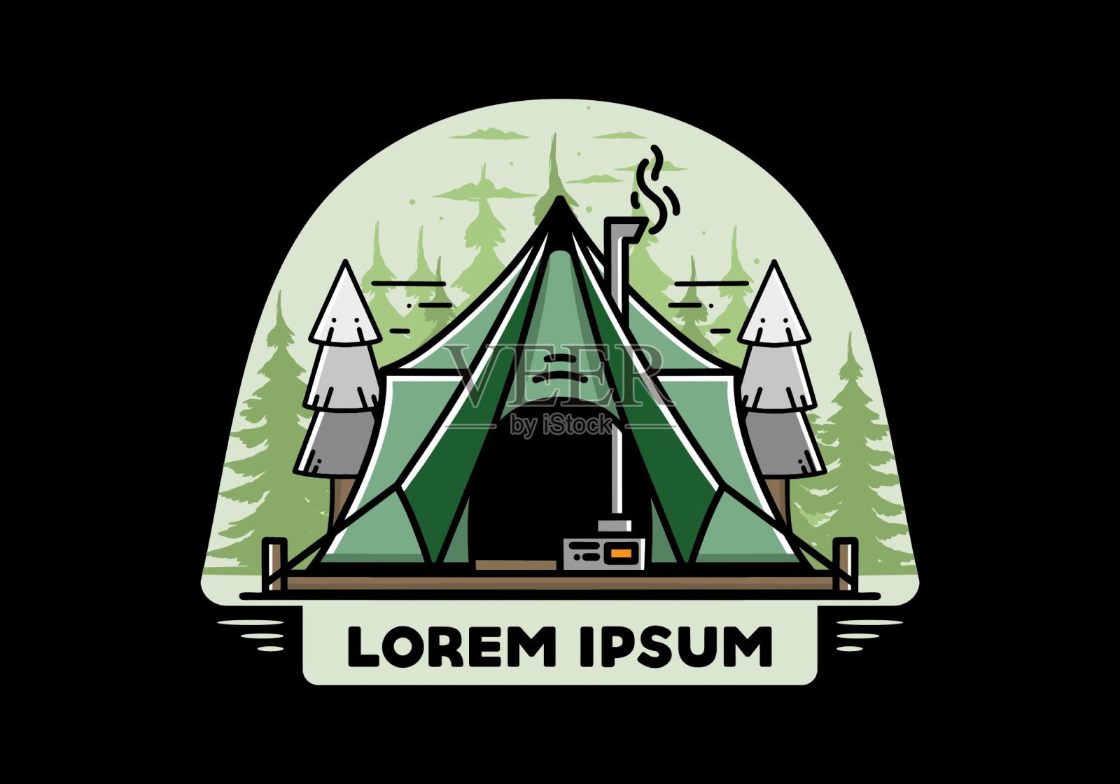 带有加热器和烟囱的大型野营帐篷插画图片素材