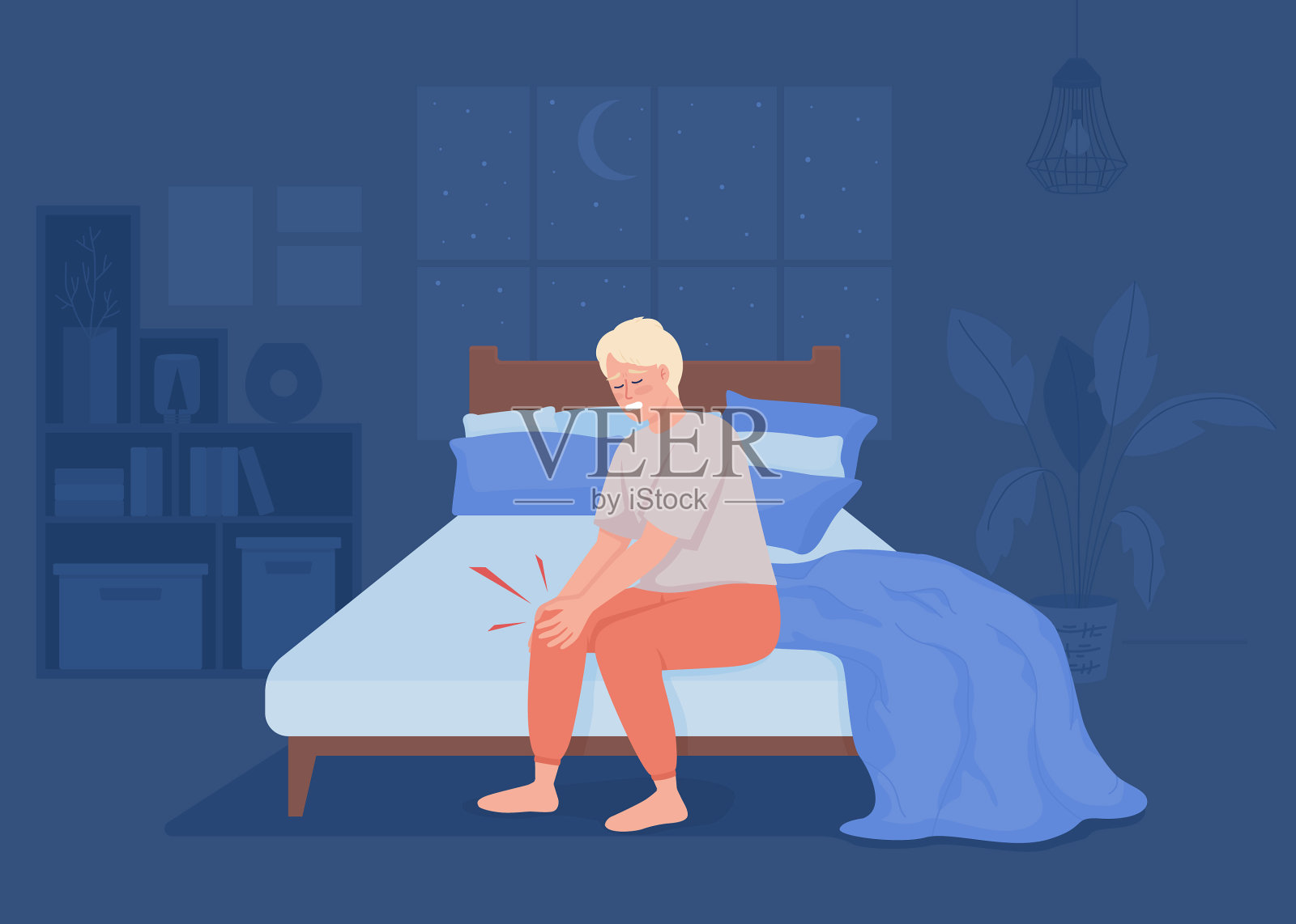 膝盖痛夜平色插画图片素材