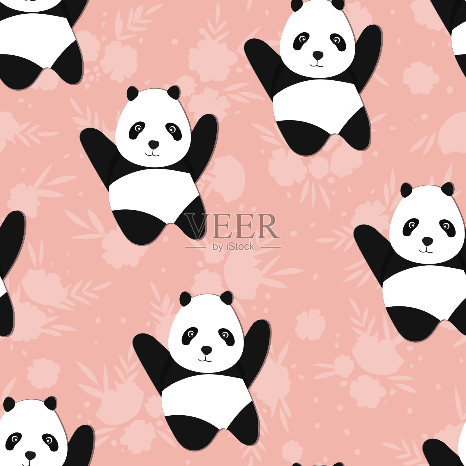 无缝图案与可爱的熊猫宝宝的颜色插画图片素材
