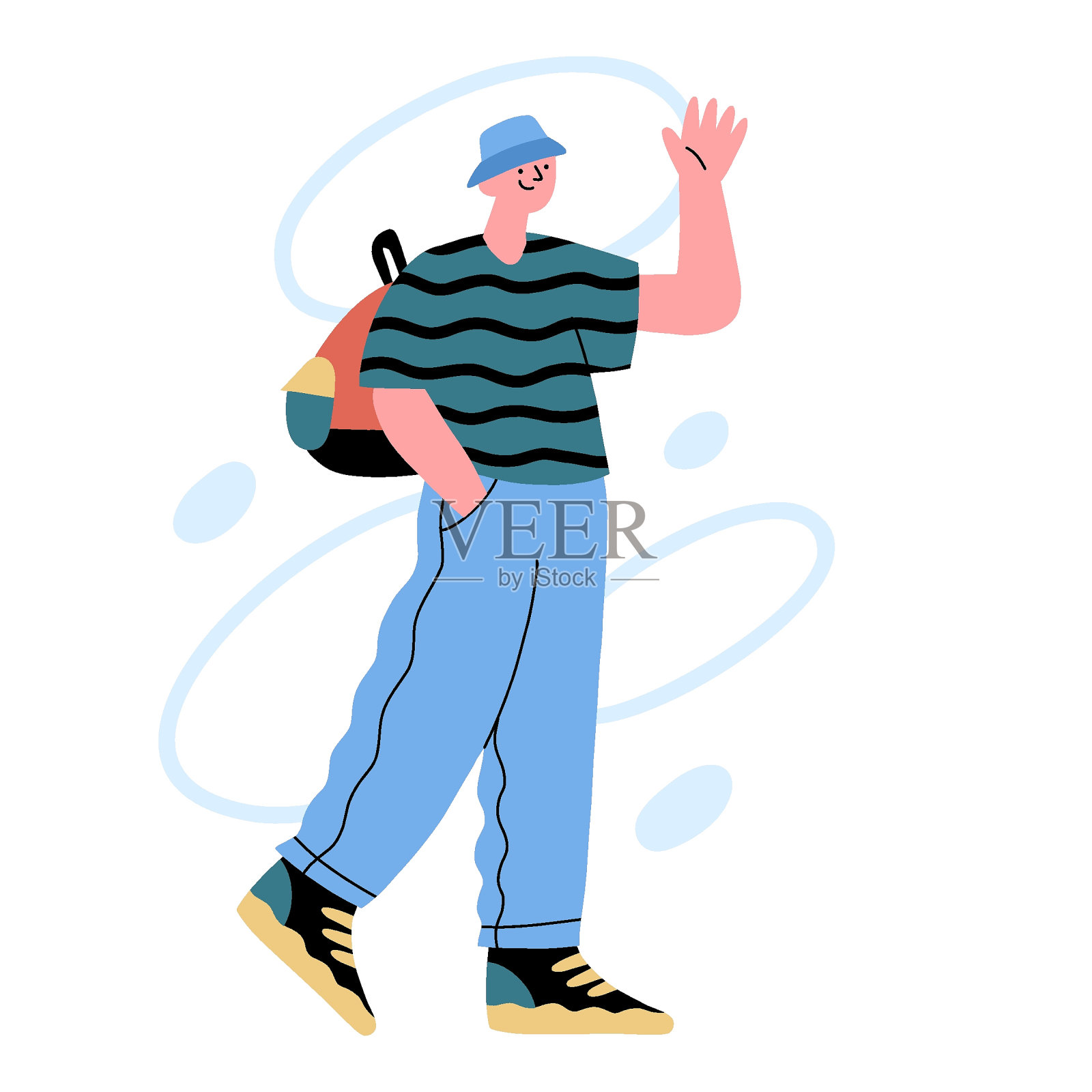 年轻人走着挥手插画图片素材