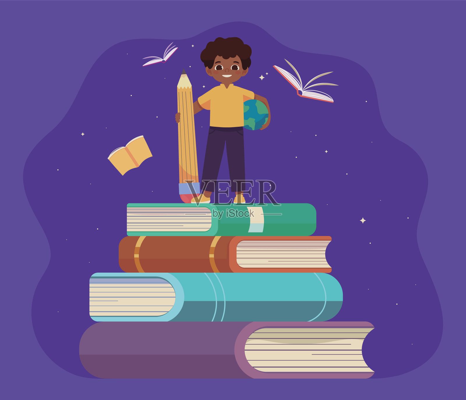 男孩拿着书和铅笔插画图片素材