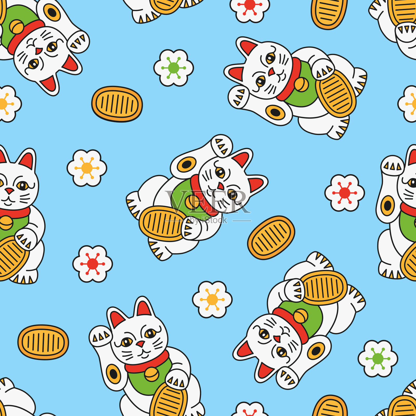 Maneki neko猫与硬币和樱花无缝背景。行日本符号,祝愿好运与举起爪子。插画图片素材