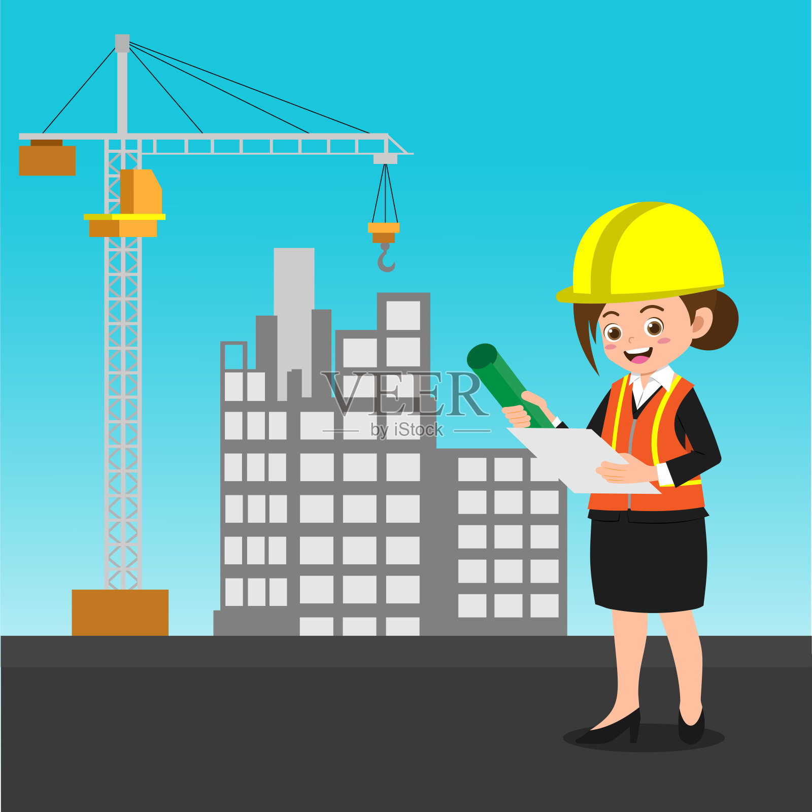 可爱的女孩工作的工程师插画图片素材
