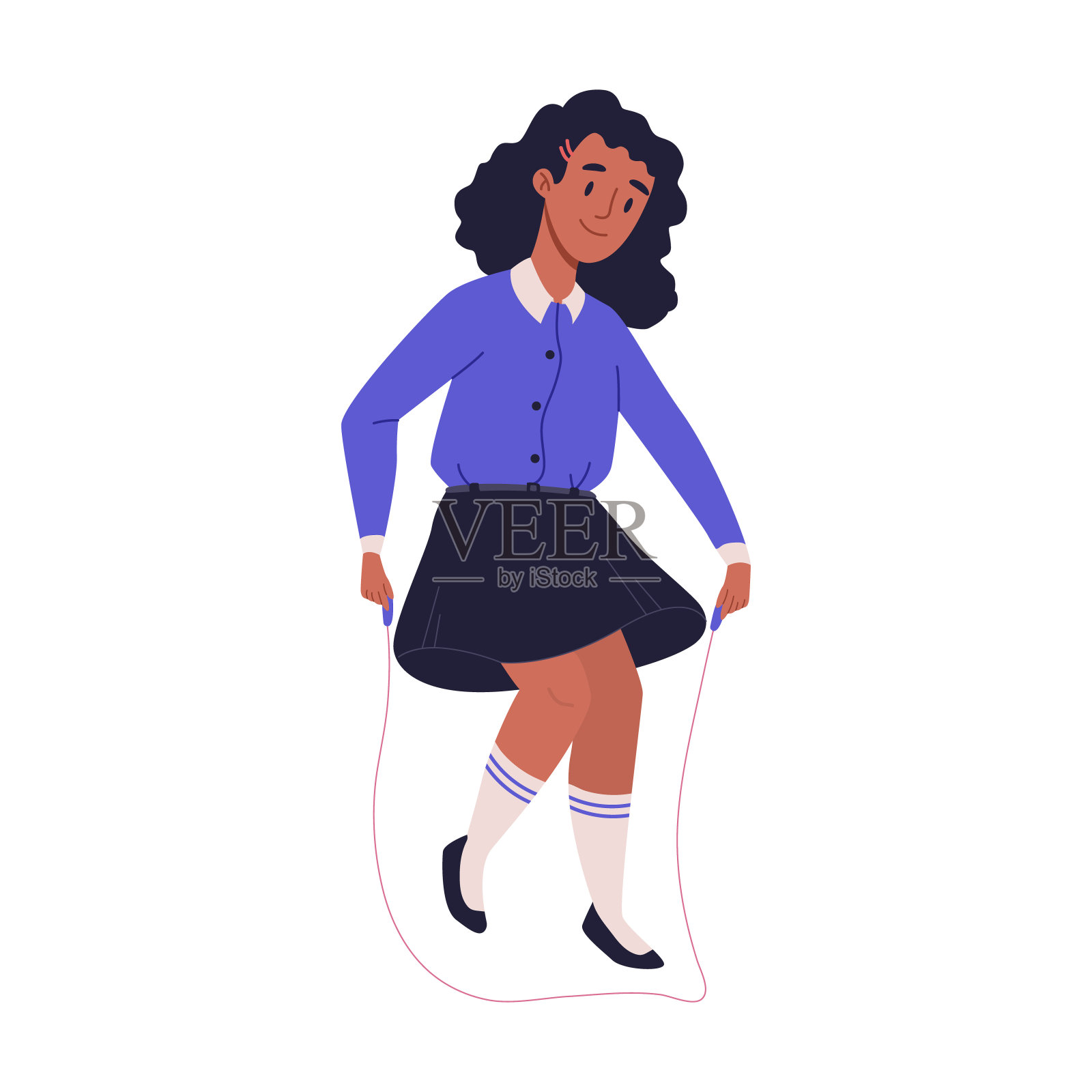 非洲女孩穿着校服跳绳。孩子们在空闲时间参加各种活动和体育运动。同学们花时间在课后。在户外跳绳和玩耍插画图片素材