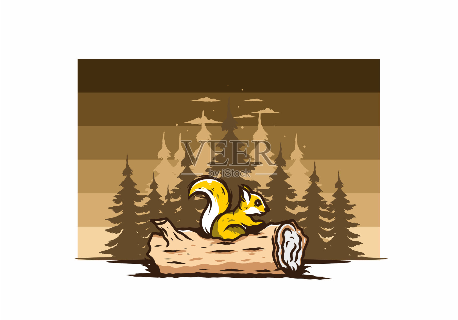 孤独的松鼠躲在枯树树干里插画图片素材