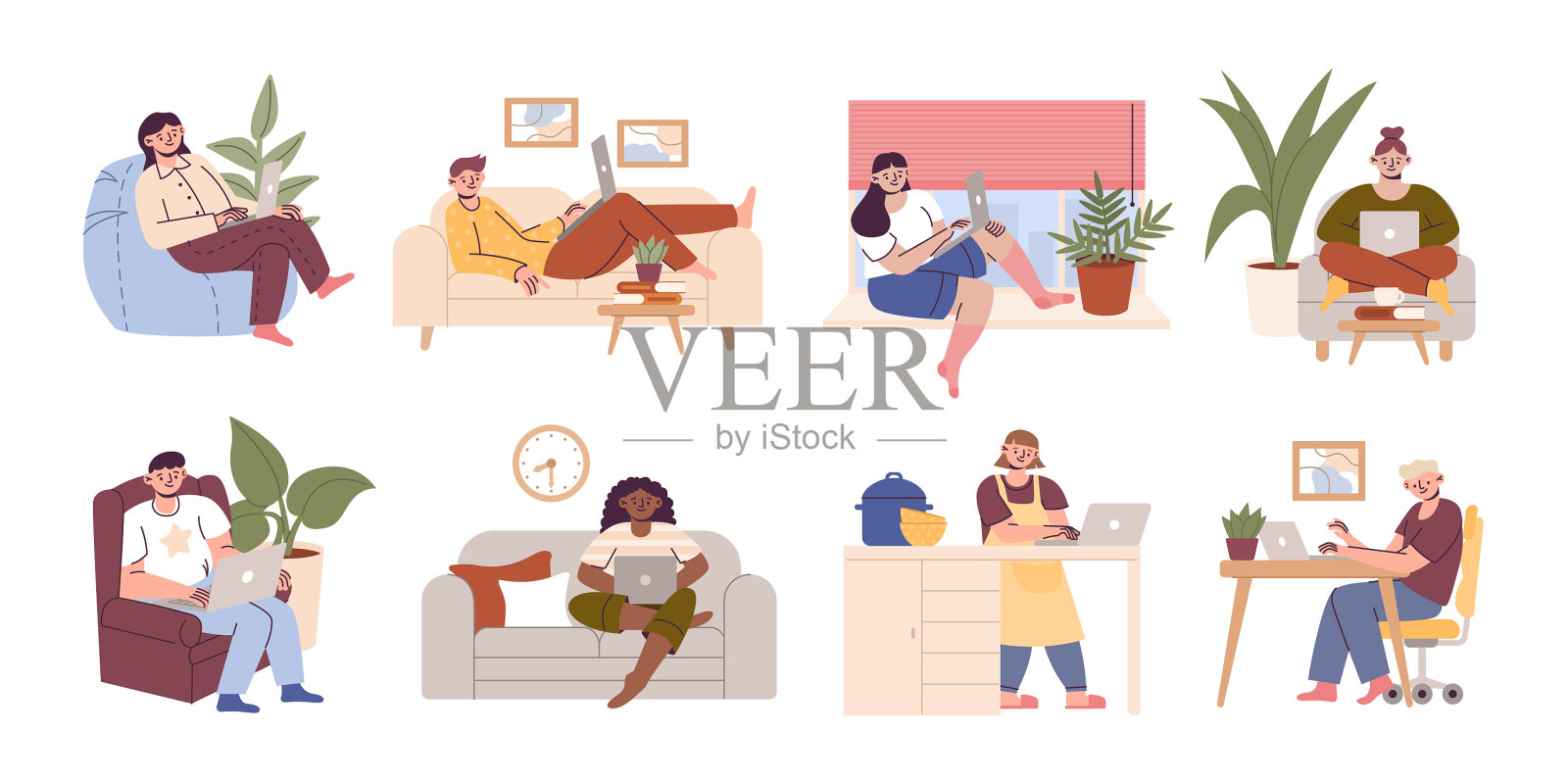 人们在家工作自由设定角色插画图片素材