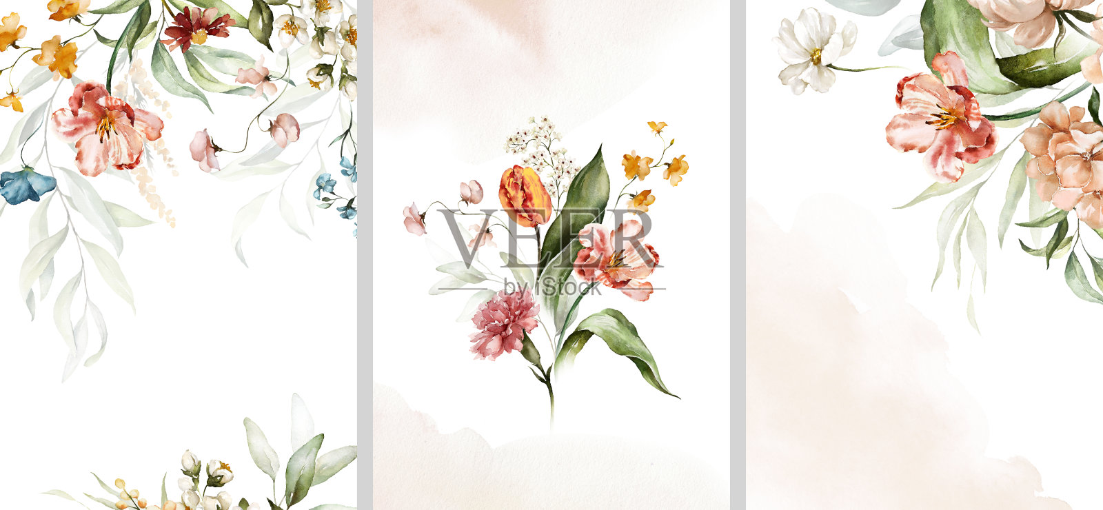 水彩花圈/框架/边框/花束集合预先制作的绿叶,粉色桃子腮红黄色红色蓝色白色勃艮第花和树枝。插画图片素材