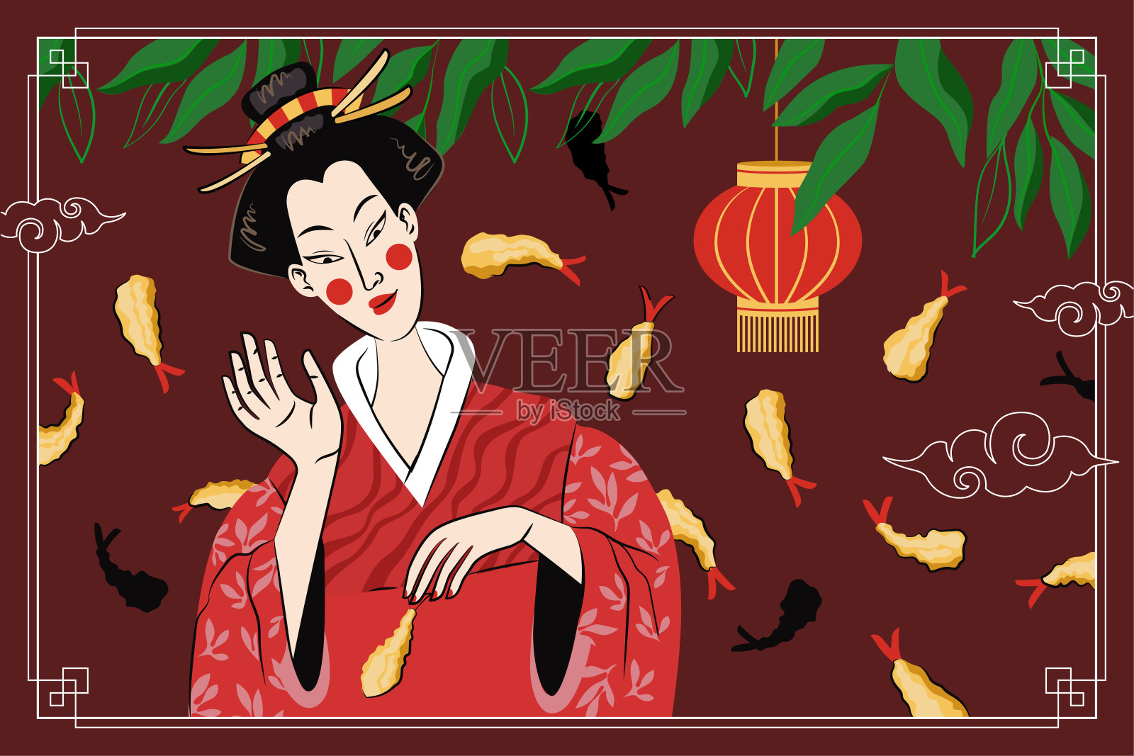 日本料理天妇罗绘画海报设计。日本国菜炸虾。寿司卷吧广告横幅。亚洲海鲜餐厅的菜单或传单装饰与女性艺妓。每股收益设计模板素材