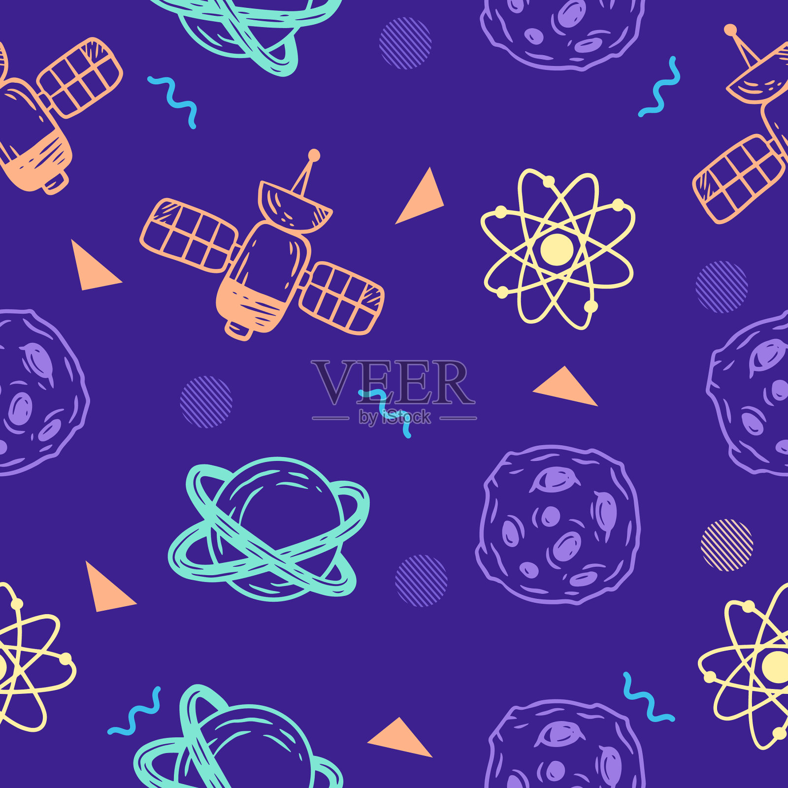 可爱的火箭线外太空无缝图案插画图片素材