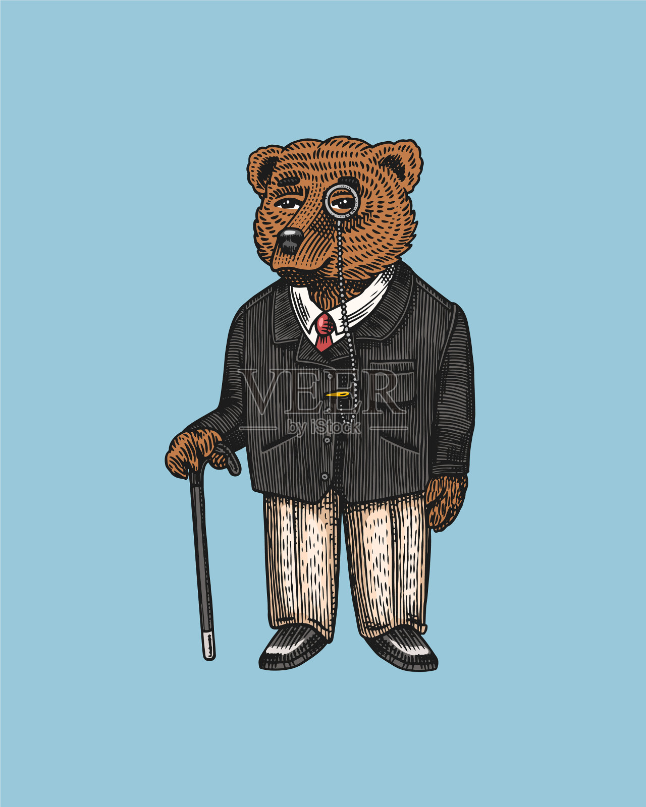 穿着夹克,戴着单片眼镜,拄着拐杖的熊插画图片素材