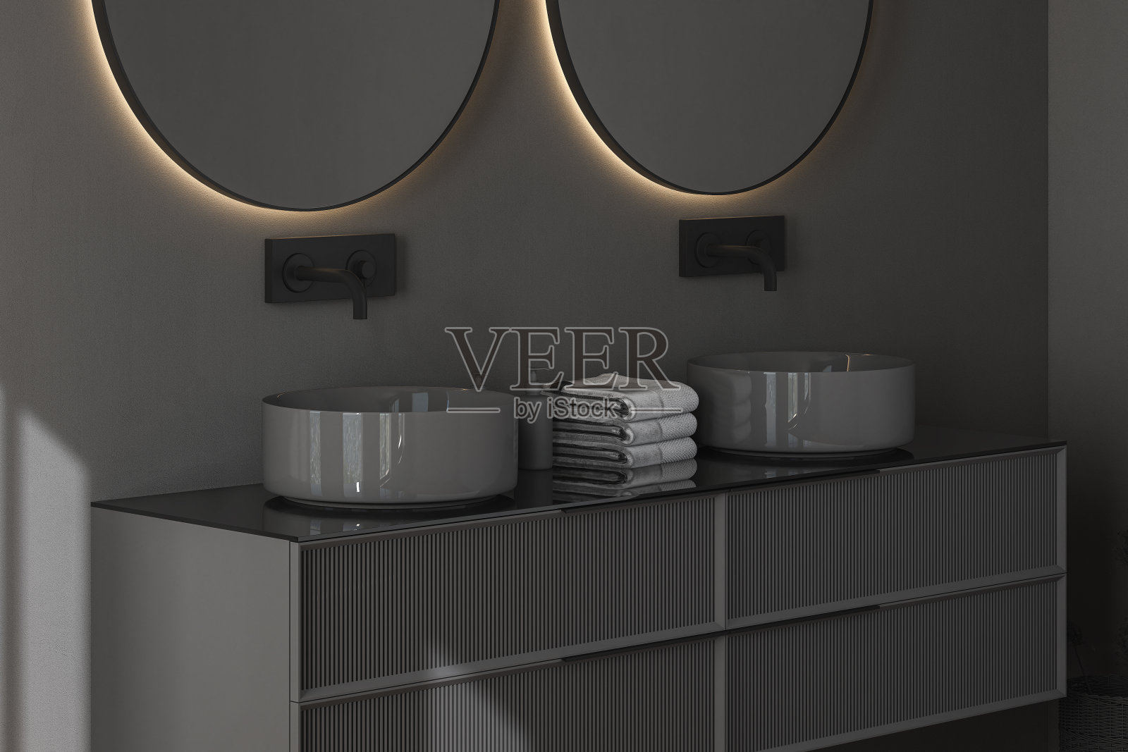 近景现代台面设计,白色双陶瓷水槽和时尚的圆形镜子照片摄影图片