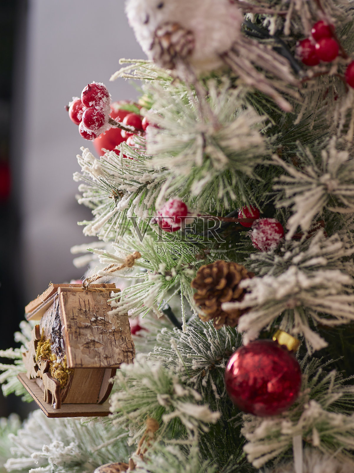 装饰圣诞绿色松树与红冬青球与雪和木制鸟屋上温暖的照明照片摄影图片