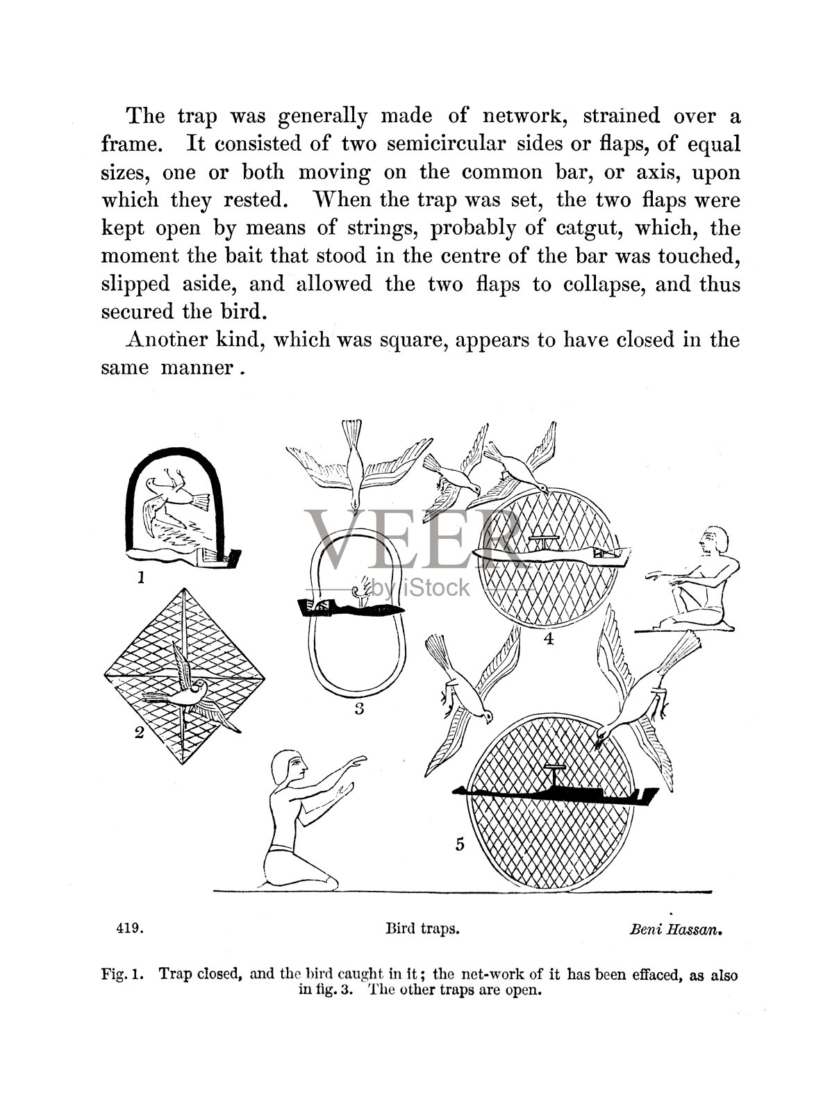 19世纪的版画;贝尼·哈桑的各种形式的捕鸟器;《古埃及人的通俗故事》1854年插画图片素材
