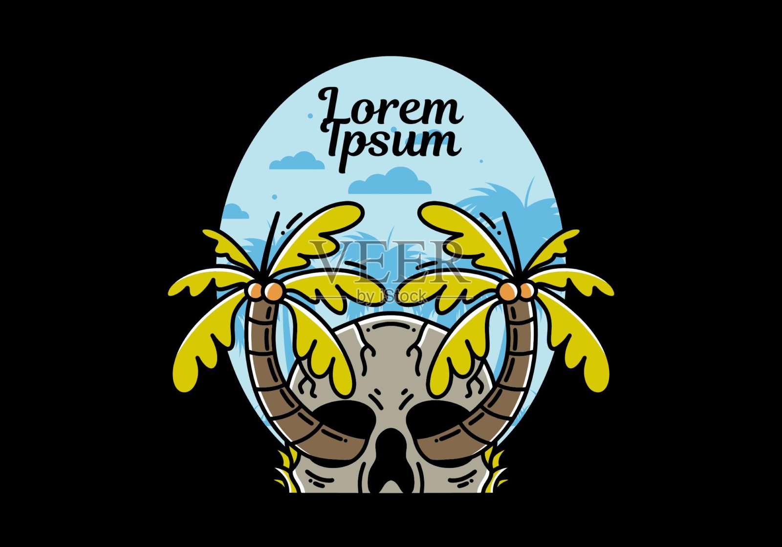 两棵椰子树生长在头骨图上插画图片素材