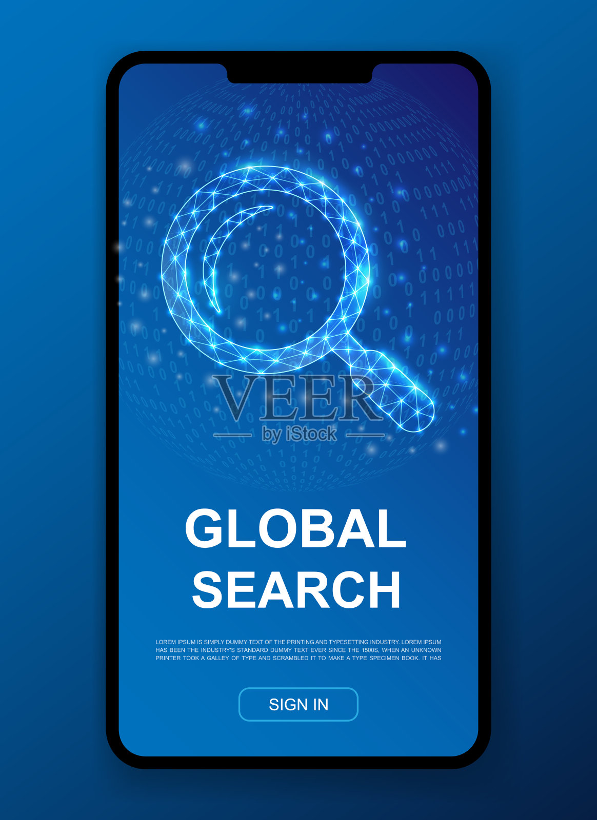 放大镜三维多边形符号模板。低聚分析工具的移动应用程序页面设计。放大镜插图的概念。设计模板素材