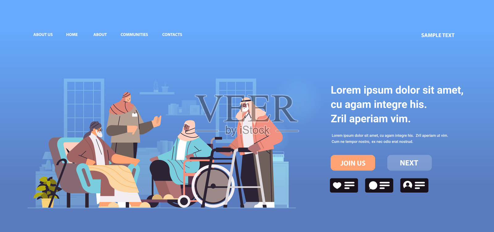 友好的阿拉伯护士或志愿者支持老年人插画图片素材