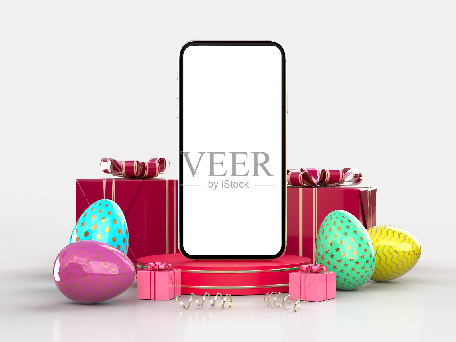 复活节快乐!复活节假期创意背景与智能手机和装饰。复活节的概念模型。三维渲染照片摄影图片