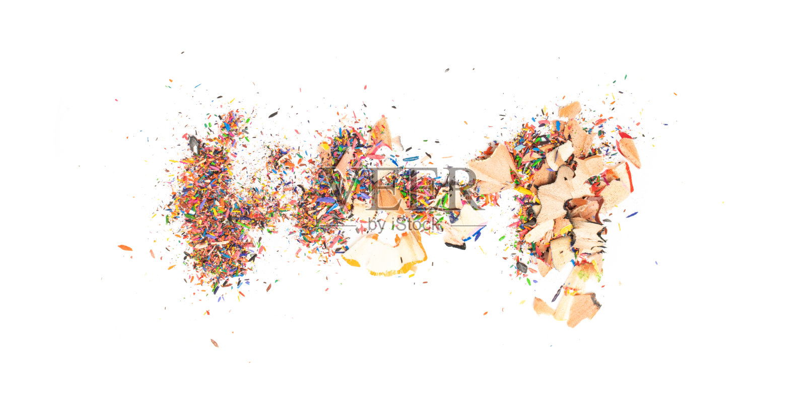 彩色木铅笔与削尖刨花分离照片摄影图片