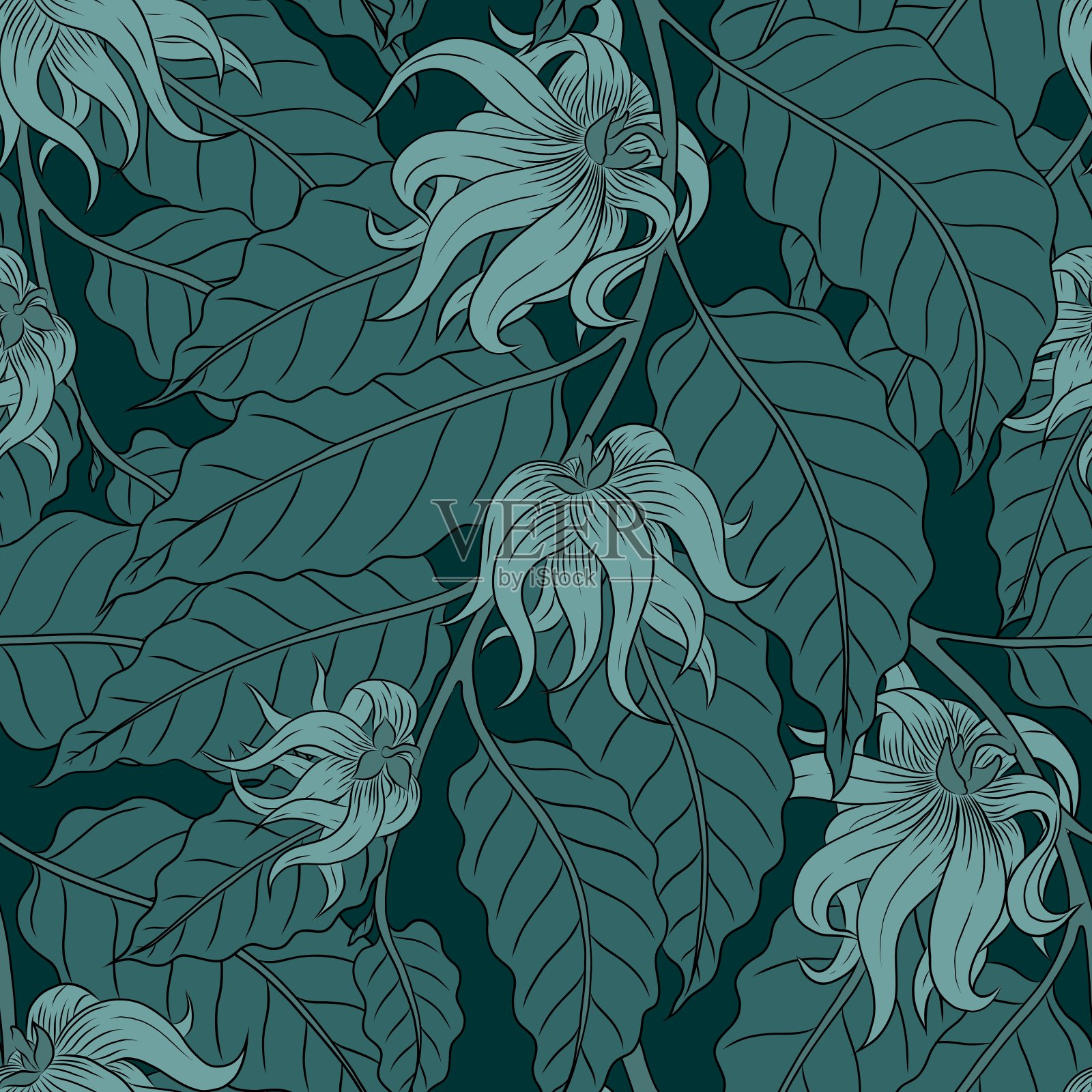 矢量无缝蓝松石图案与薄荷依兰依兰花在薄荷枝插画图片素材