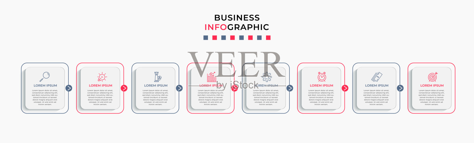 矢量信息图设计业务模板与图标和8个选项或步骤。可用于流程图、演示文稿、工作流布局、横幅、流程图、信息图插画图片素材