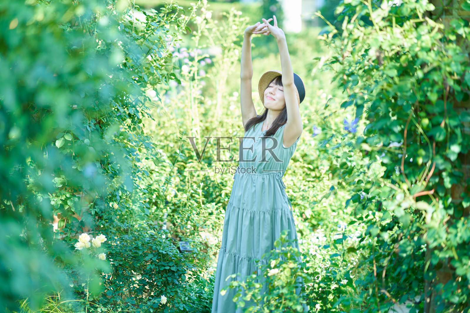 年轻的女人走在绿色照片摄影图片