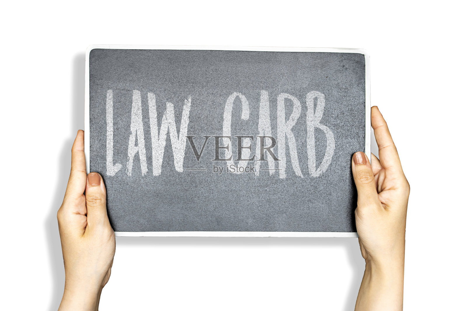 手握黑板的妇女与法律碳水化合物概念孤立在白色背景照片摄影图片