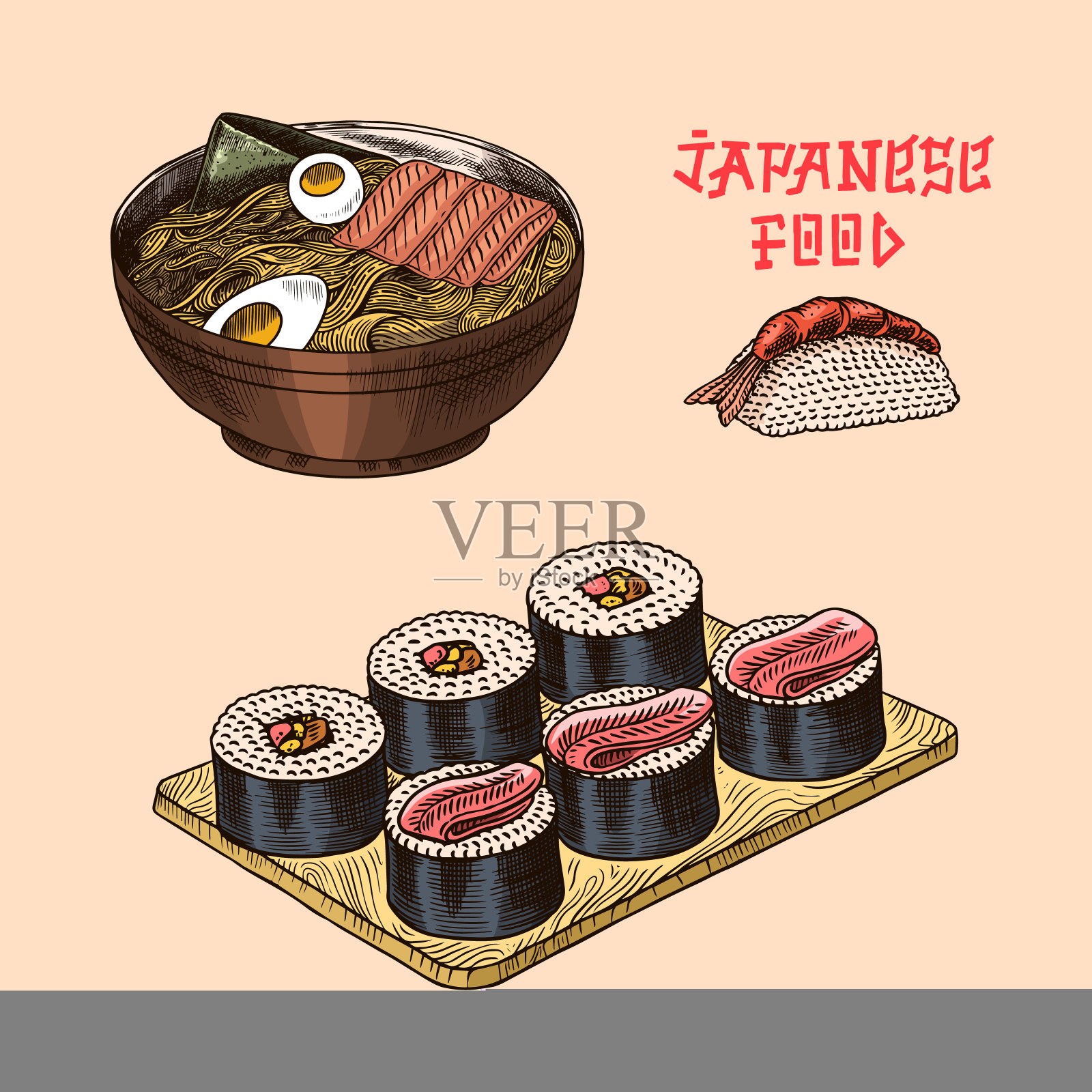 日本食品海报。寿司吧,拉面,碗里的汤,面包卷和甜点,亚洲茶。酱油。手握着筷子。为菜单绘制雕刻草图。单色的风格。矢量图插画图片素材