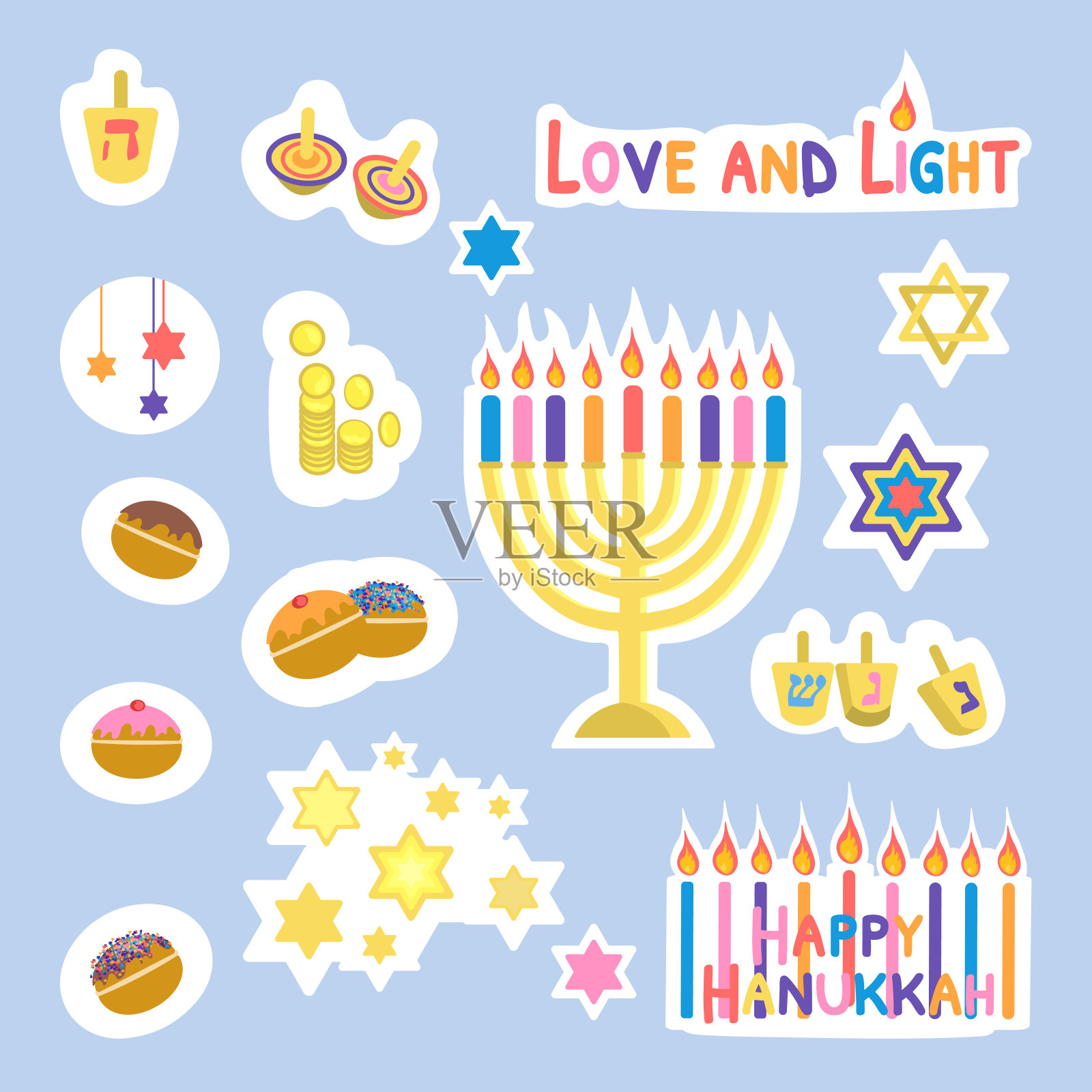 光明节快乐贴纸矢量插图孤立在蓝色背景设计模板素材