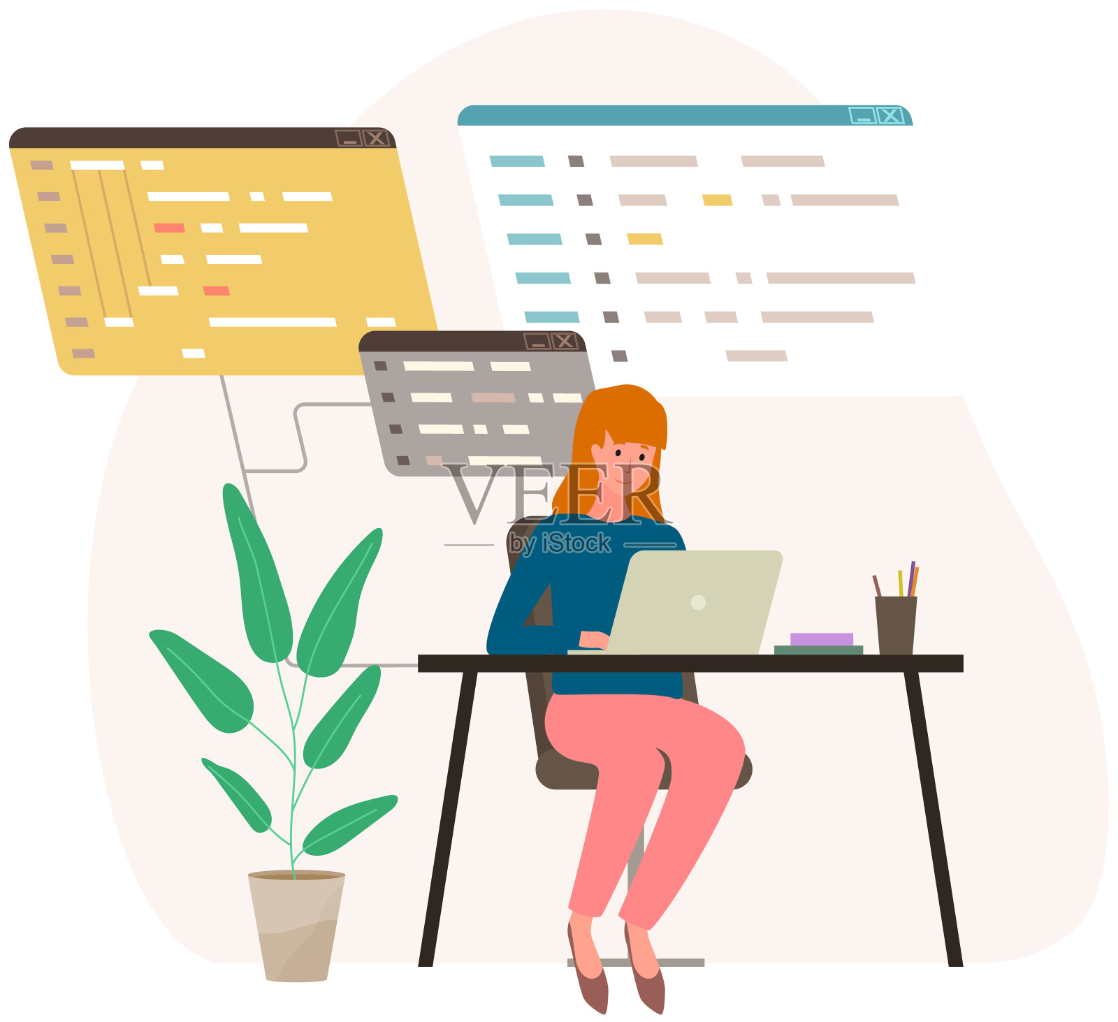 用技术分析数据框图的女人。员工在办公室使用电脑办公插画图片素材