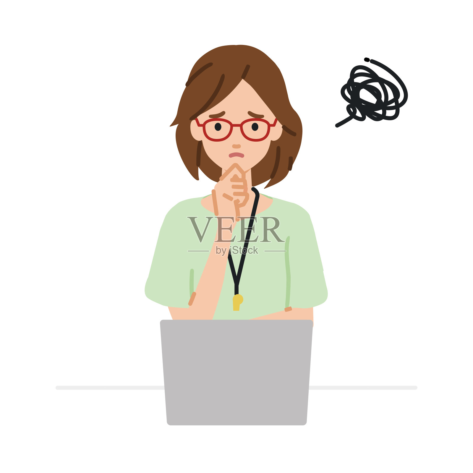 一名女教师在使用笔记本电脑时,手指在课桌前的下巴上碰到了麻烦插画图片素材