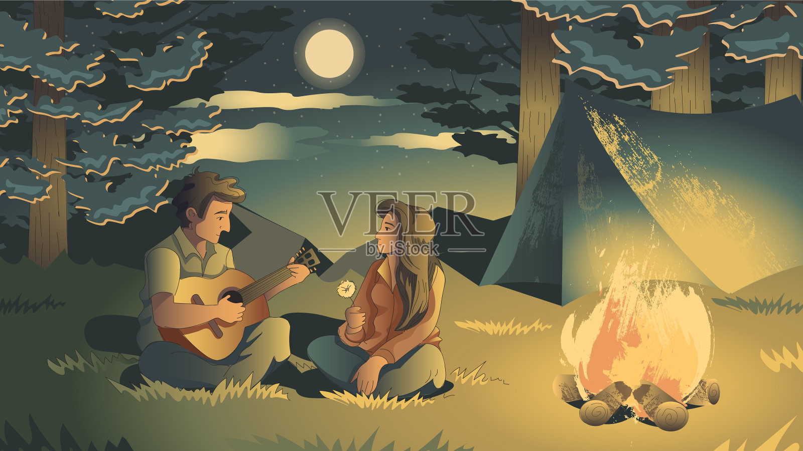 一对夫妇在篝火旁插画图片素材