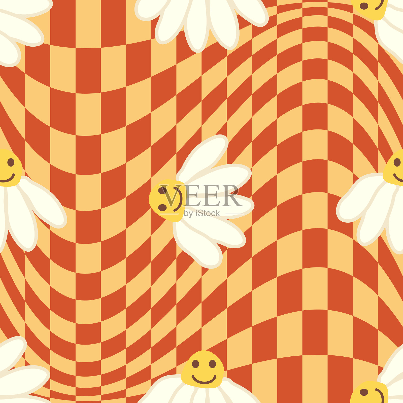 1970年复古微笑洋甘菊无缝图案插画图片素材