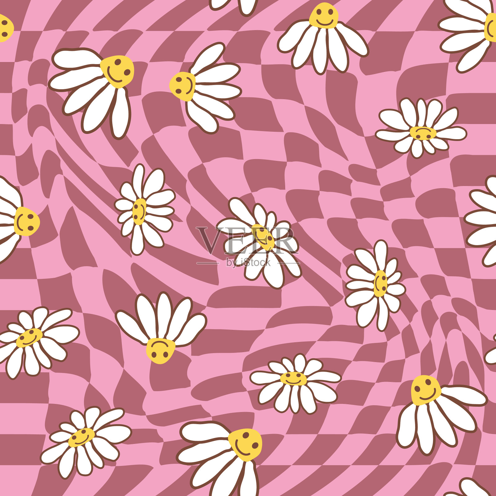 1970年复古微笑洋甘菊无缝图案插画图片素材
