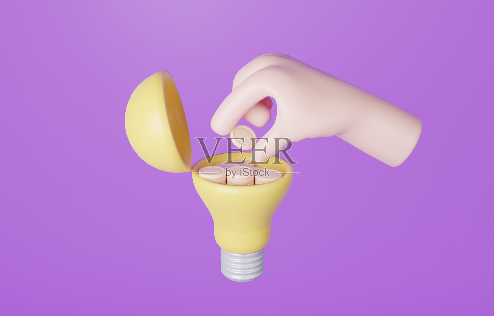 将硬币放入打开的灯泡中,投资商业成功或职业发展的知识概念,3d渲染插图。照片摄影图片