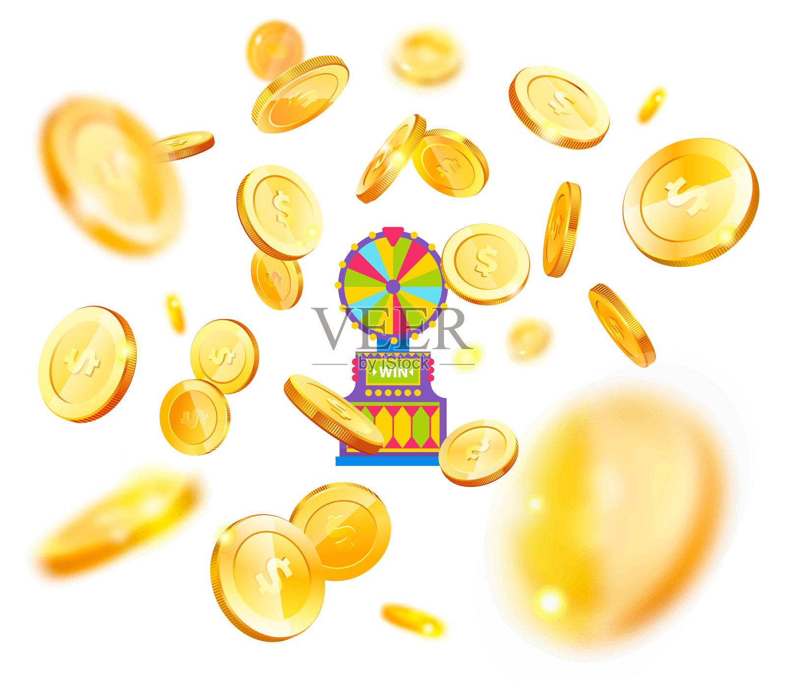 在各种投影中带有美元符号的等距金币。老虎机附近的现金符号插画图片素材