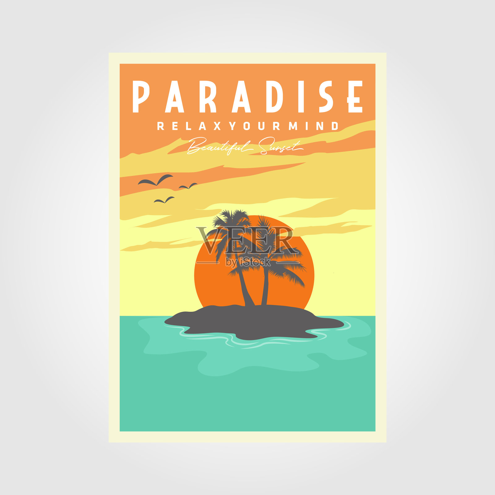 天堂,日落,海滩,海报,棕榈树和水插画图片素材