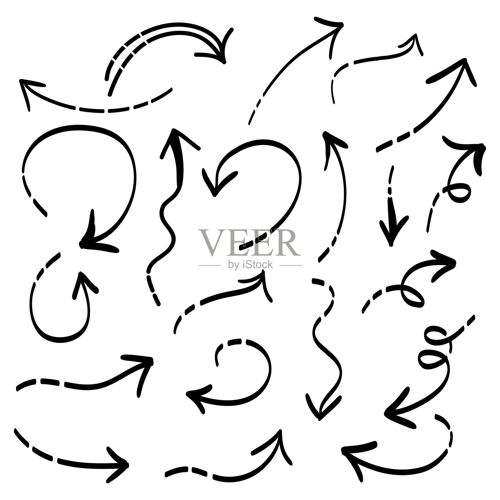 手绘箭头集。涂鸦矢量插图。孤立在白色背景上。设计元素图片